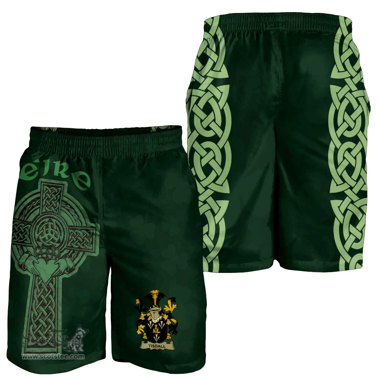 ScotsTee Shop Irish Tisdall or Tisdale Coat of Arms Irish Mens Short Irish Cross with Celtic Knot and Claddagh Ring