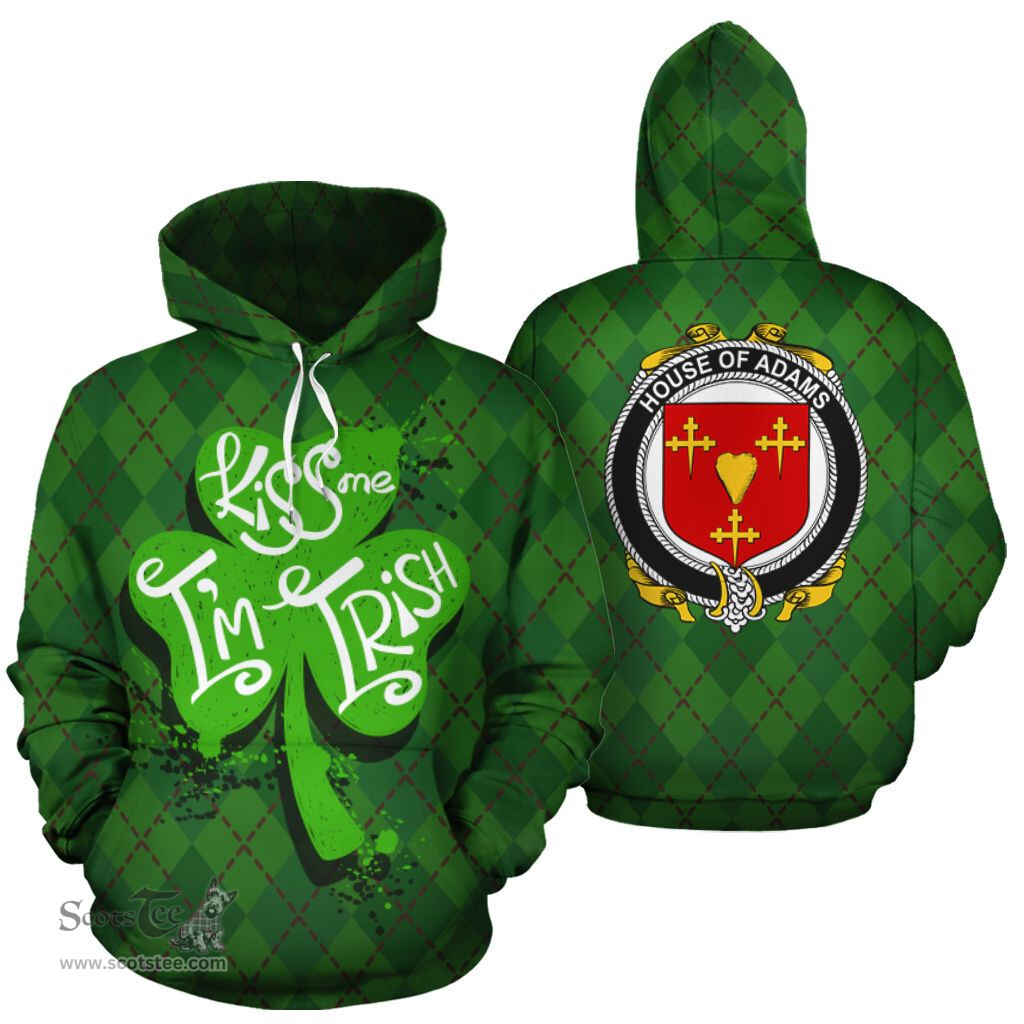 ScotsTee Shop Irish House Of Adams Coat of Arms Ireland Hoodie Kiss Me I'm Irish Hoodie