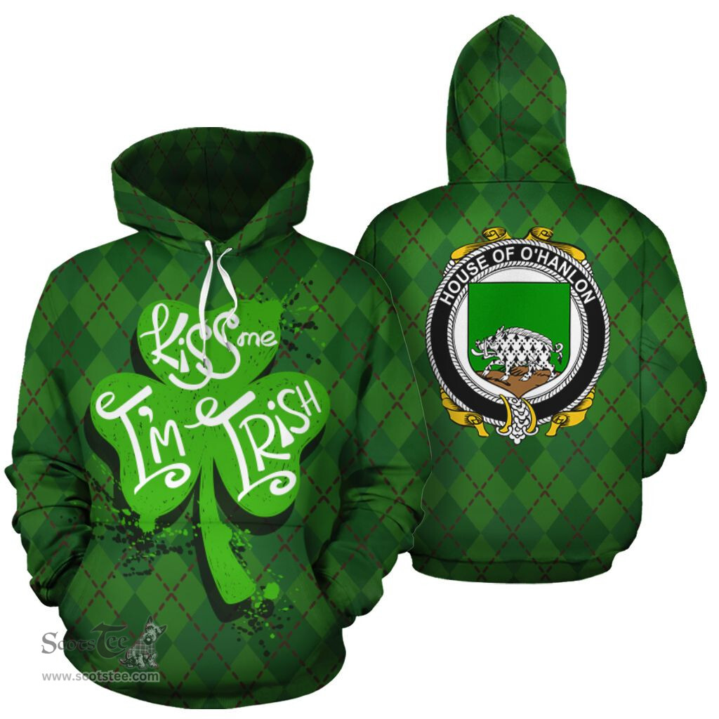 ScotsTee Shop Irish House Of O'Hanlon Coat of Arms Ireland Hoodie Kiss Me I'm Irish Hoodie