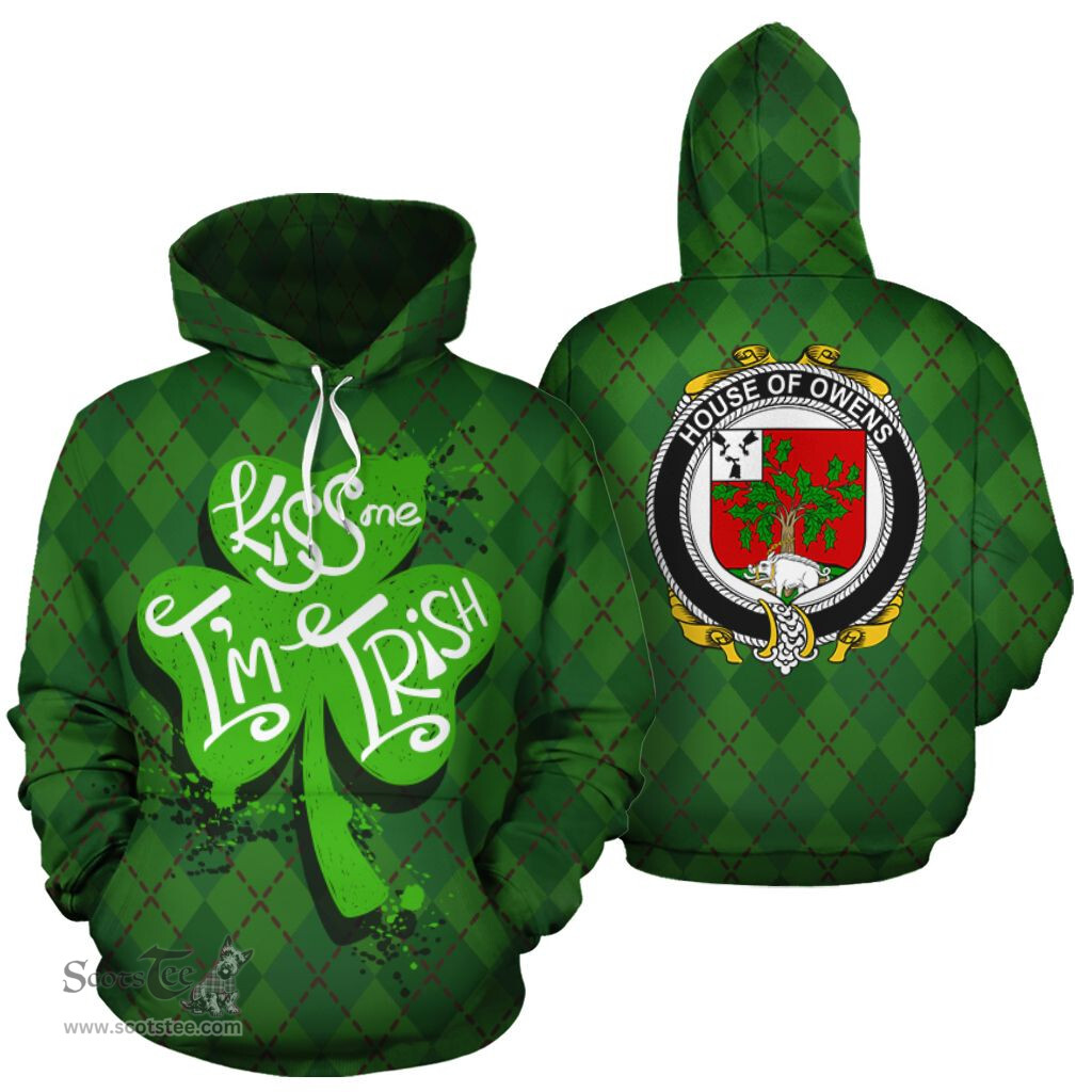 ScotsTee Shop Irish House Of Owens Coat of Arms Ireland Hoodie Kiss Me I'm Irish Hoodie