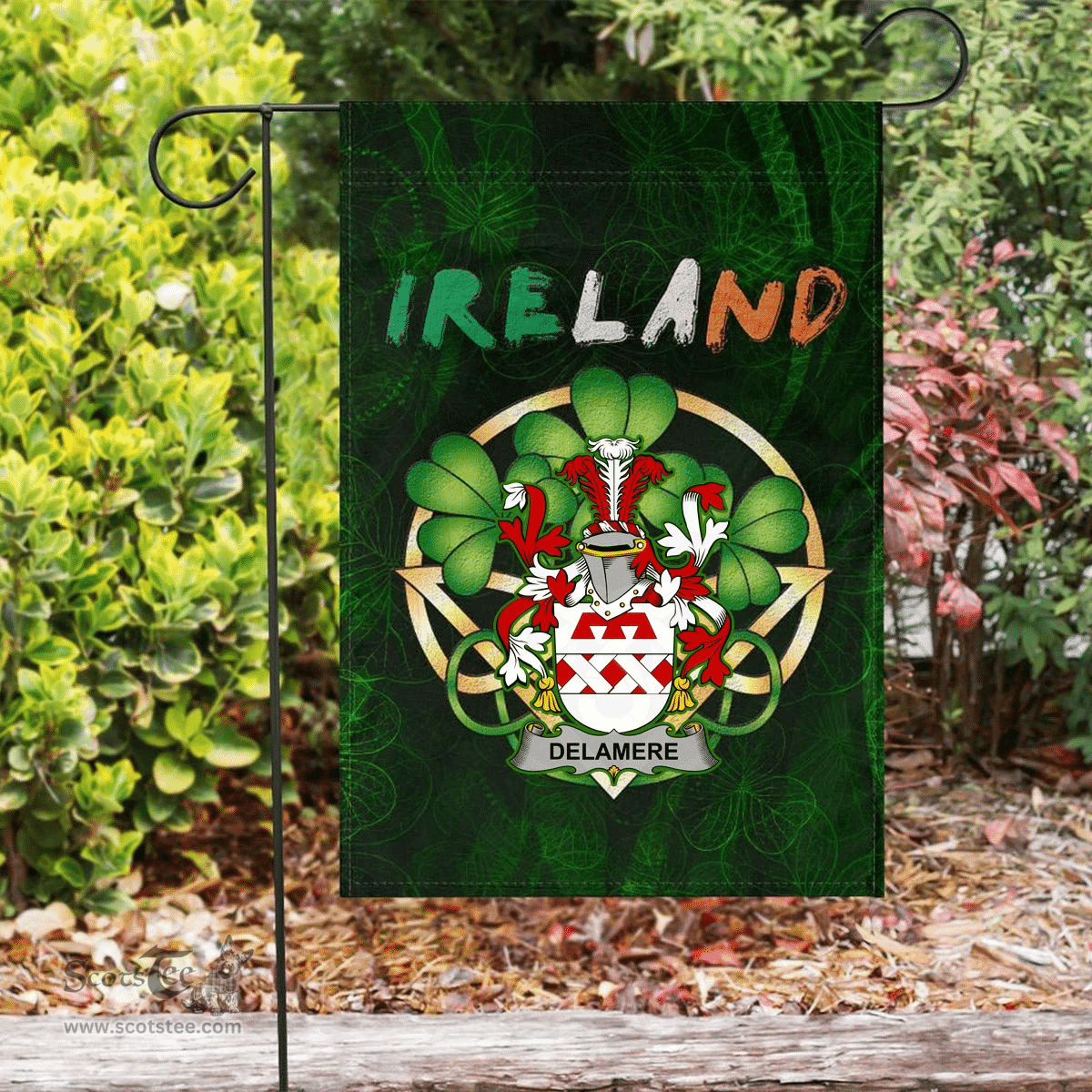 ScotsTee Shop Irish Delamere Coat of Arms Irish Pride Garden Flag Irish Shamrock Flag