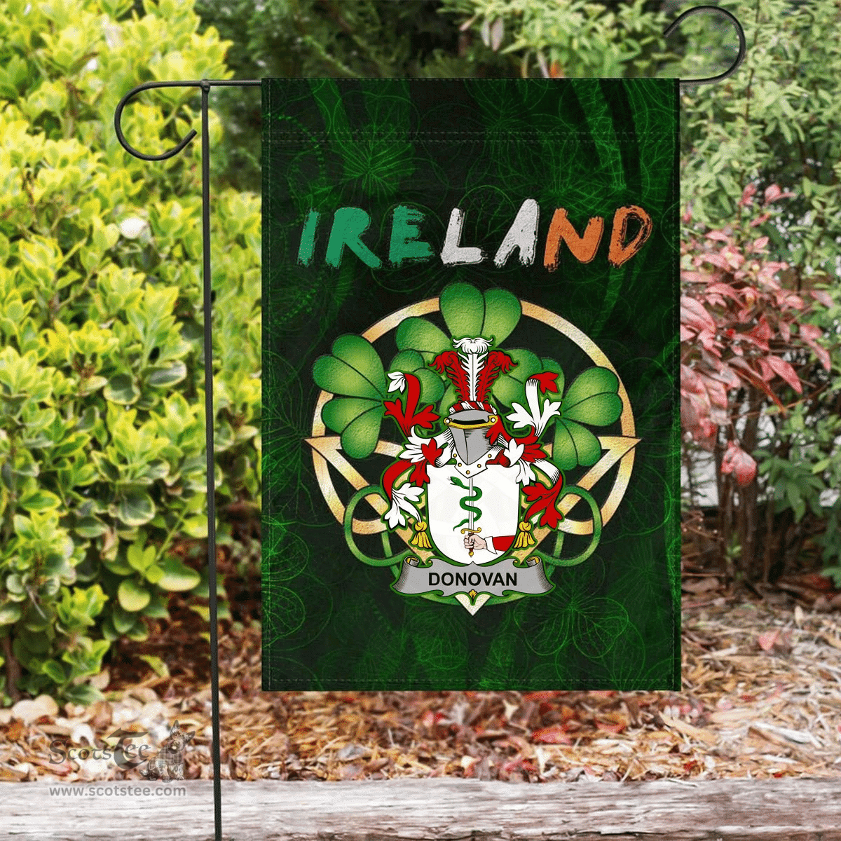 ScotsTee Shop Irish Donovan or O'Donovan Coat of Arms Irish Pride Garden Flag Irish Shamrock Flag