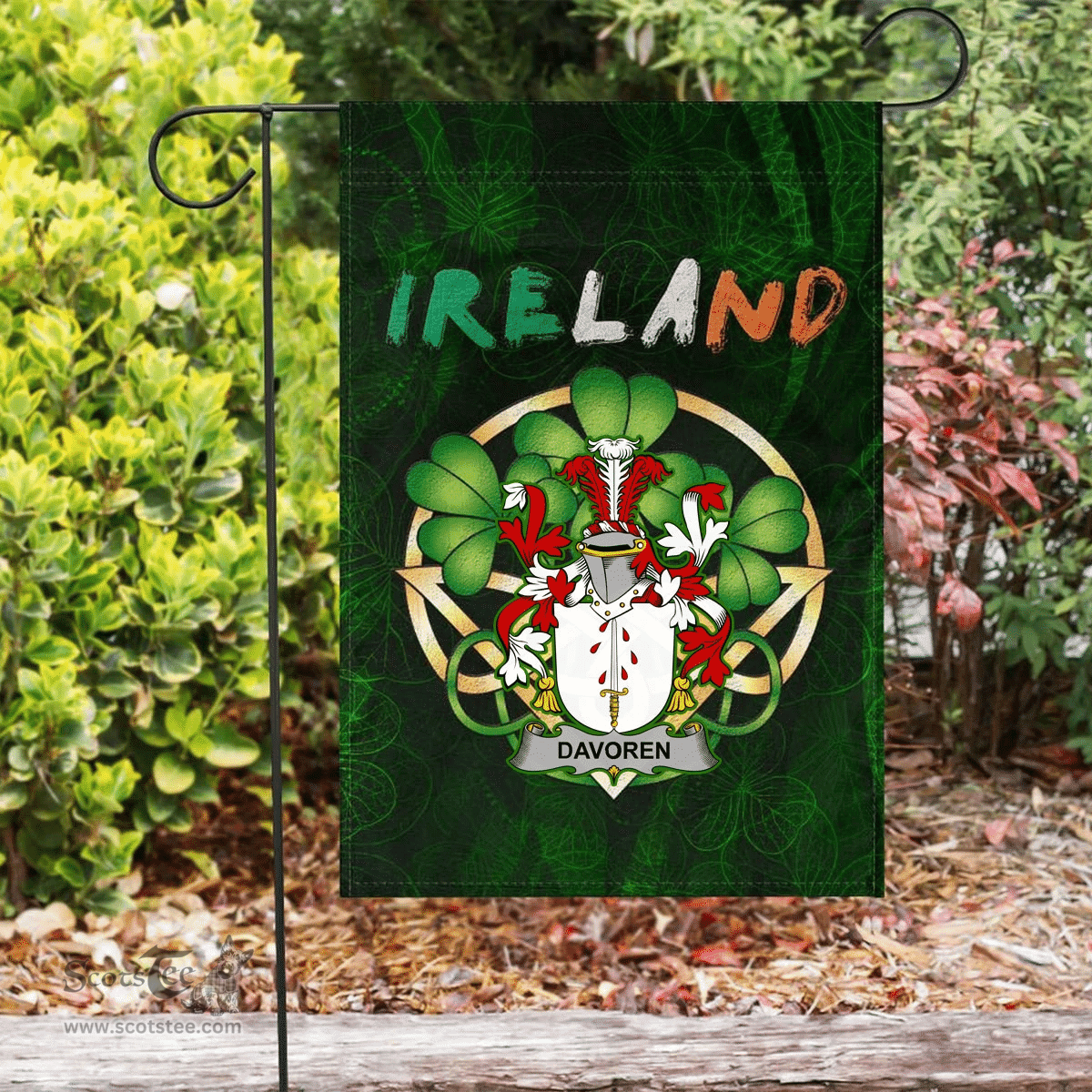 ScotsTee Shop Irish Davoren or O'Davoren Coat of Arms Irish Pride Garden Flag Irish Shamrock Flag