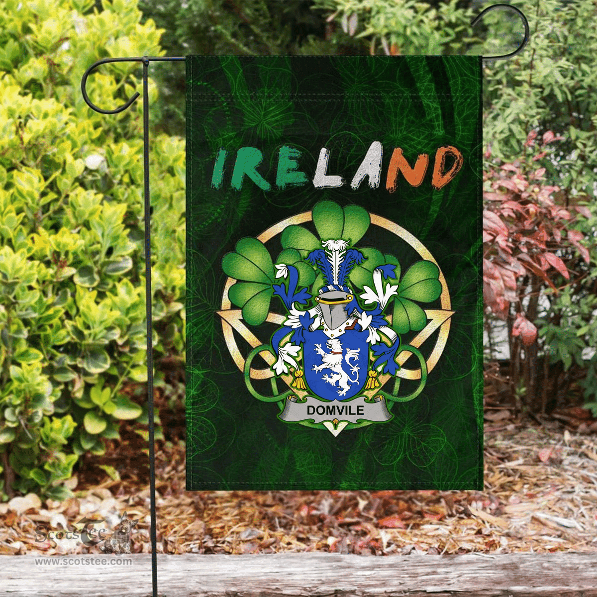 ScotsTee Shop Irish Domvile Coat of Arms Irish Pride Garden Flag Irish Shamrock Flag