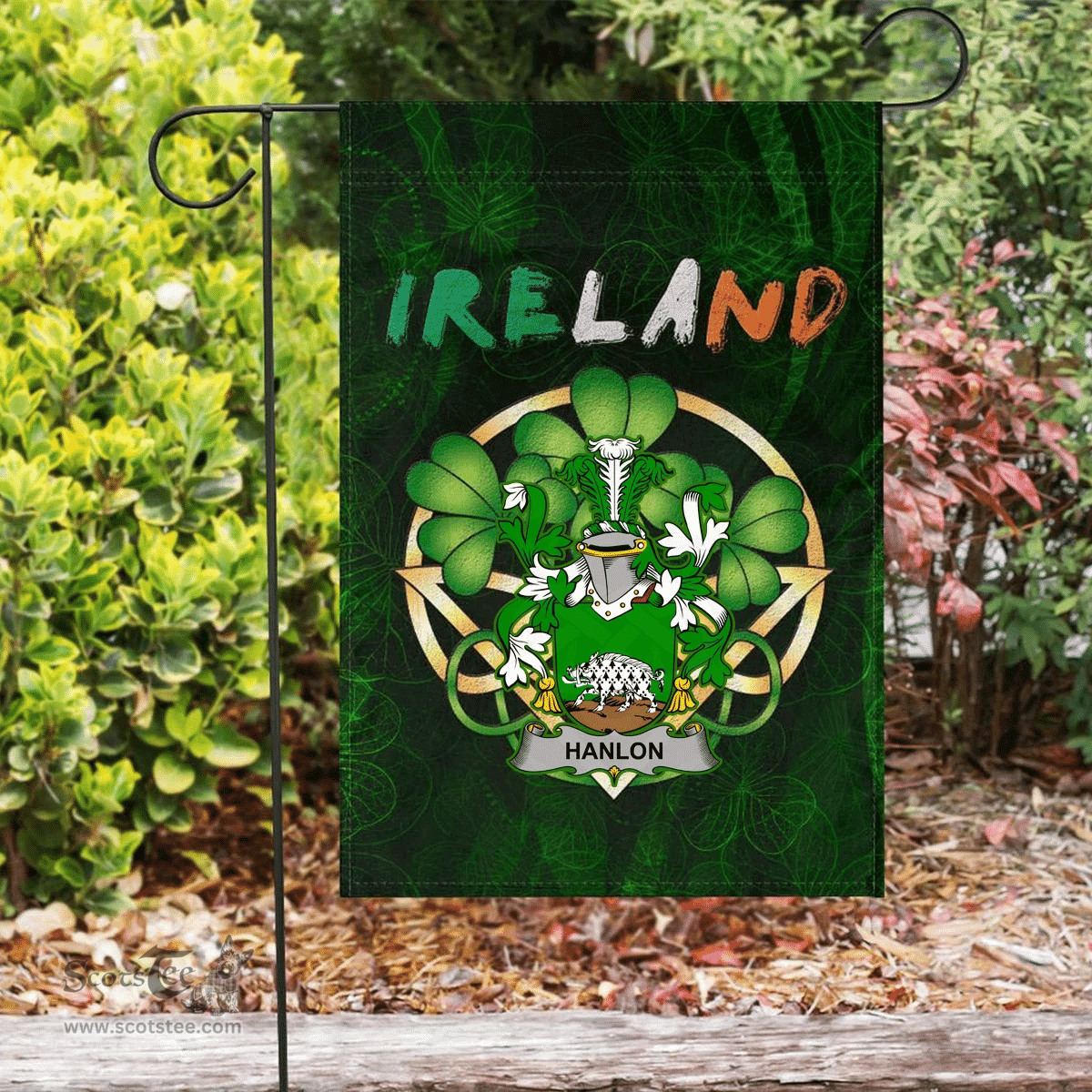 ScotsTee Shop Irish Hanlon or O'Hanlon Coat of Arms Irish Pride Garden Flag Irish Shamrock Flag