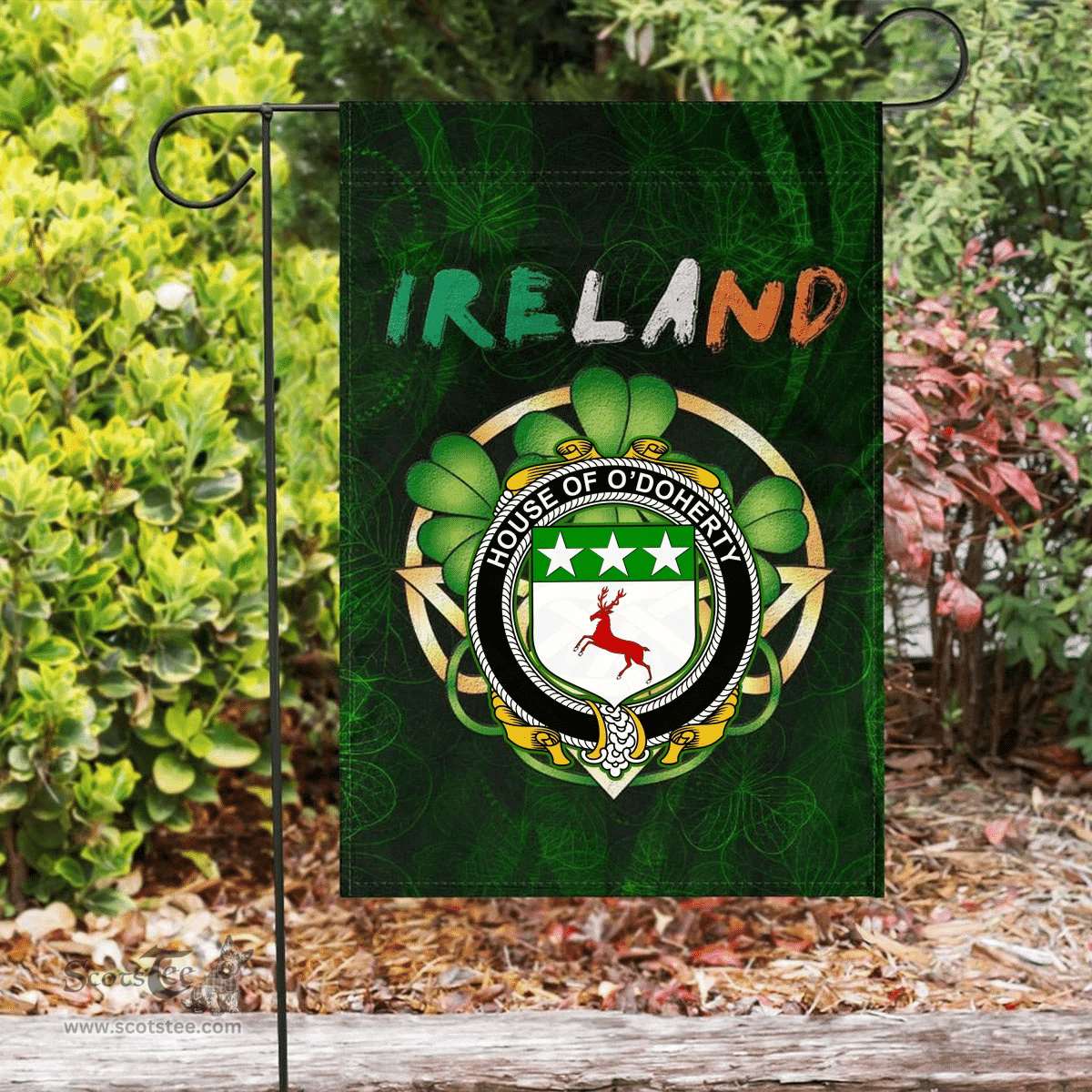 ScotsTee Shop Irish House of O'DOHERTY Coat of Arms Irish Pride Garden Flag Irish Shamrock Flag