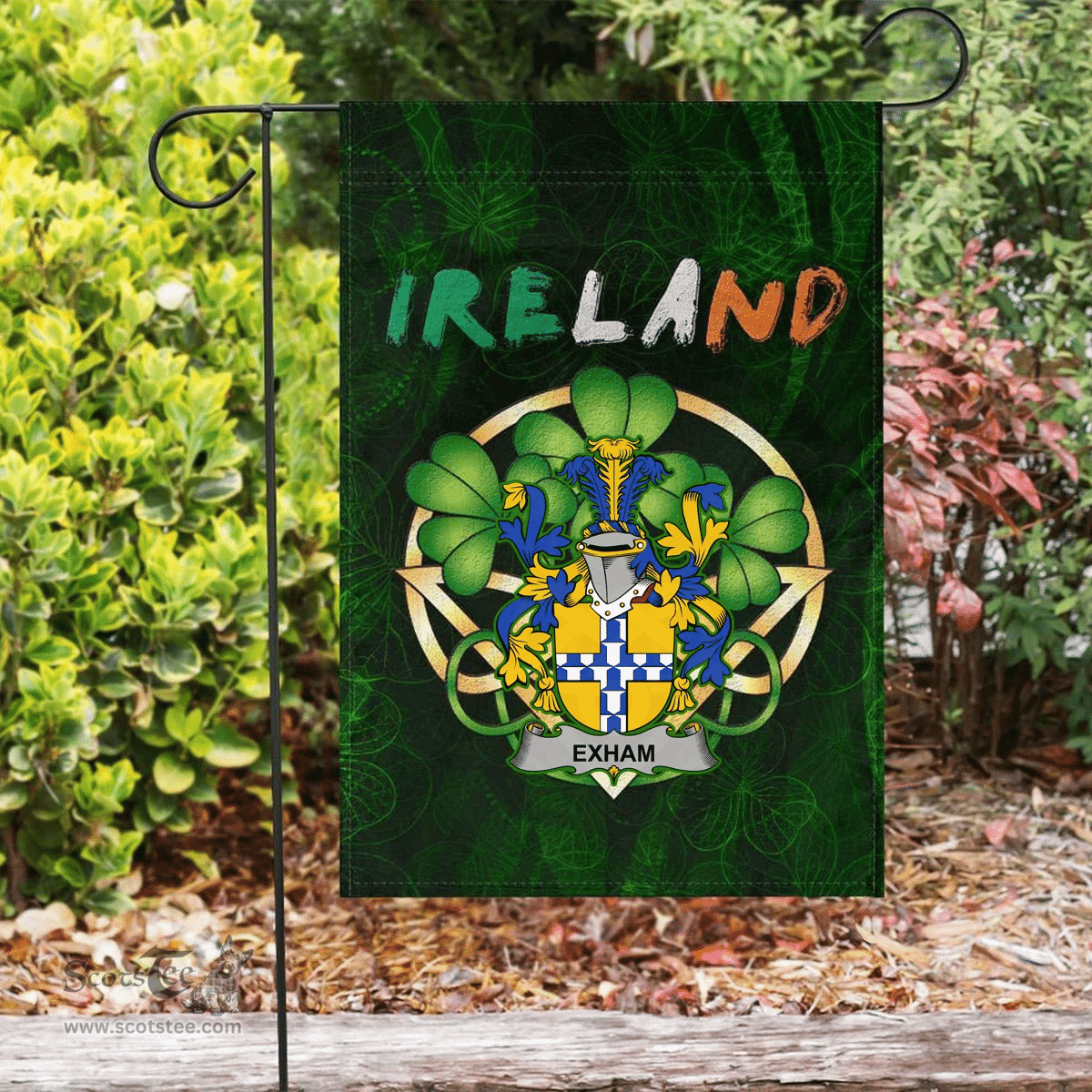 ScotsTee Shop Irish Exham Coat of Arms Irish Pride Garden Flag Irish Shamrock Flag