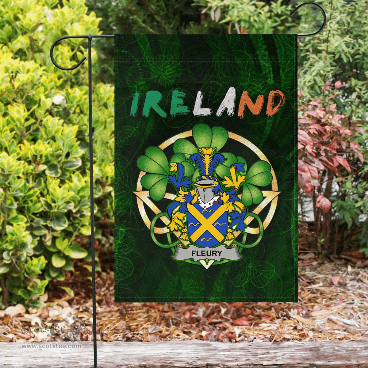 ScotsTee Shop Irish Fleury Coat of Arms Irish Pride Garden Flag Irish Shamrock Flag