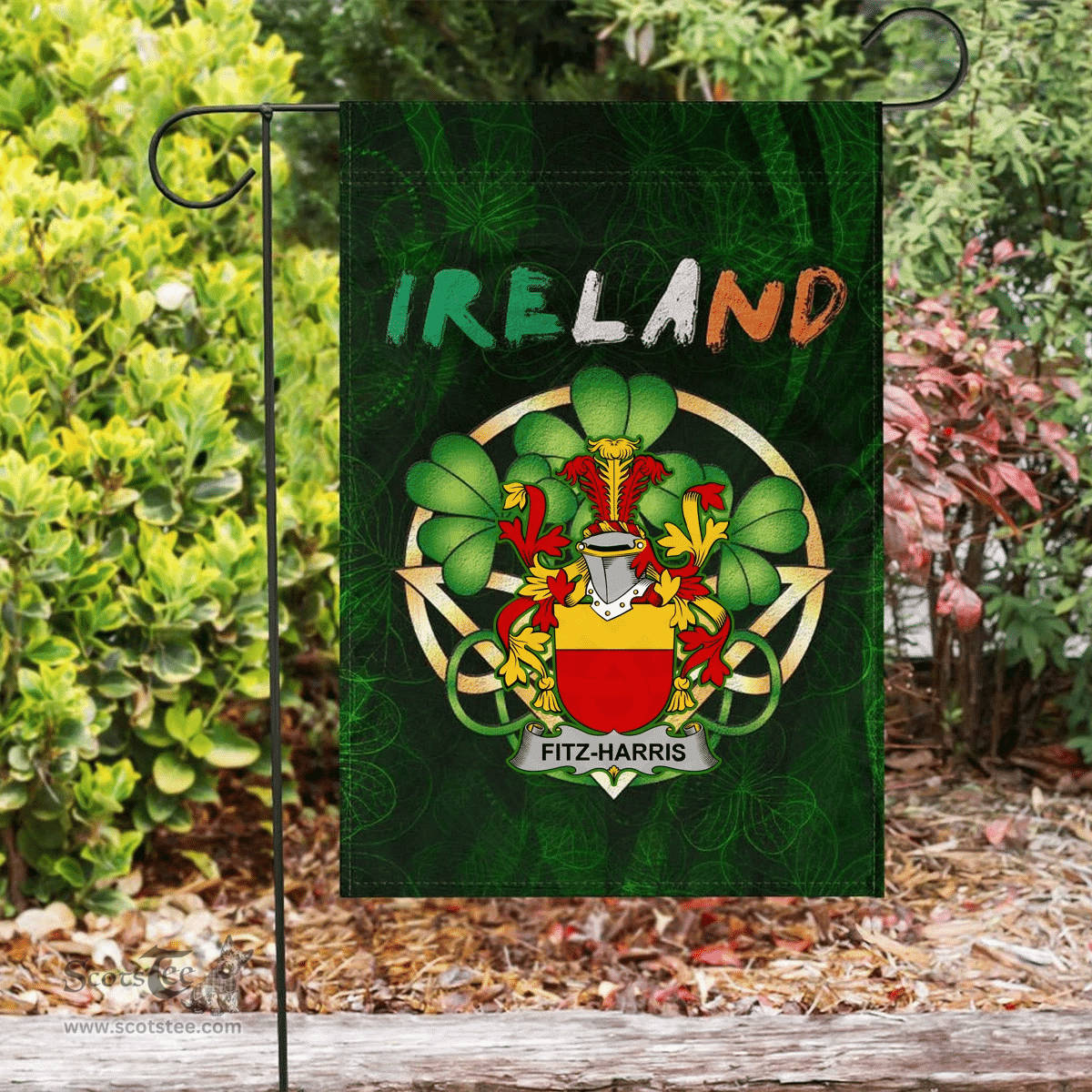 ScotsTee Shop Irish Fitz-Harris Coat of Arms Irish Pride Garden Flag Irish Shamrock Flag