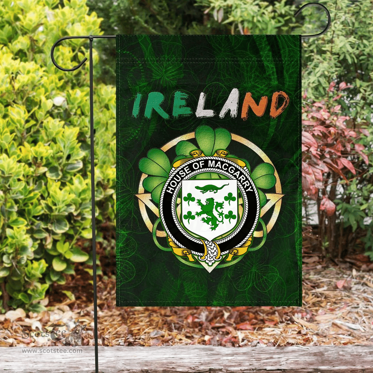 ScotsTee Shop Irish House of MACGARRY Coat of Arms Irish Pride Garden Flag Irish Shamrock Flag