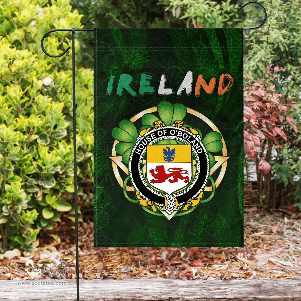 ScotsTee Shop Irish House of O'BOLAND Coat of Arms Irish Pride Garden Flag Irish Shamrock Flag