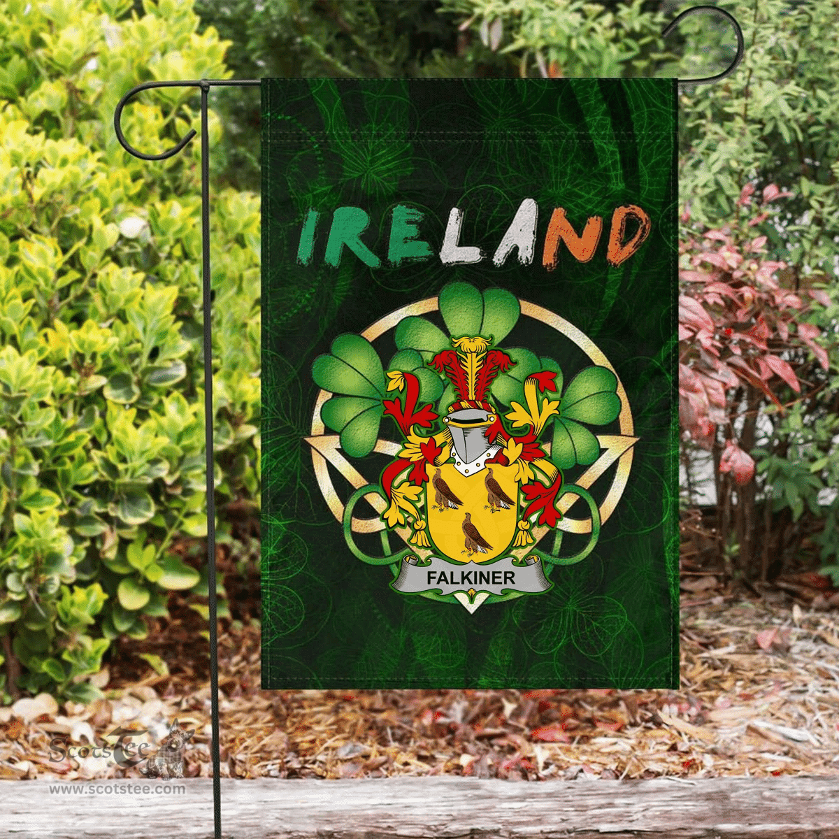 ScotsTee Shop Irish Falkiner Coat of Arms Irish Pride Garden Flag Irish Shamrock Flag