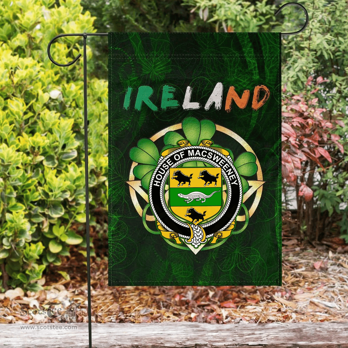 ScotsTee Shop Irish House of MACSWEENEY Coat of Arms Irish Pride Garden Flag Irish Shamrock Flag