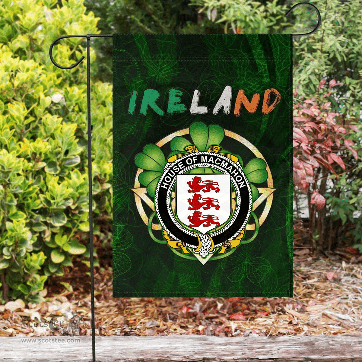 ScotsTee Shop Irish House of MACMAHON (Thomond) Coat of Arms Irish Pride Garden Flag Irish Shamrock Flag