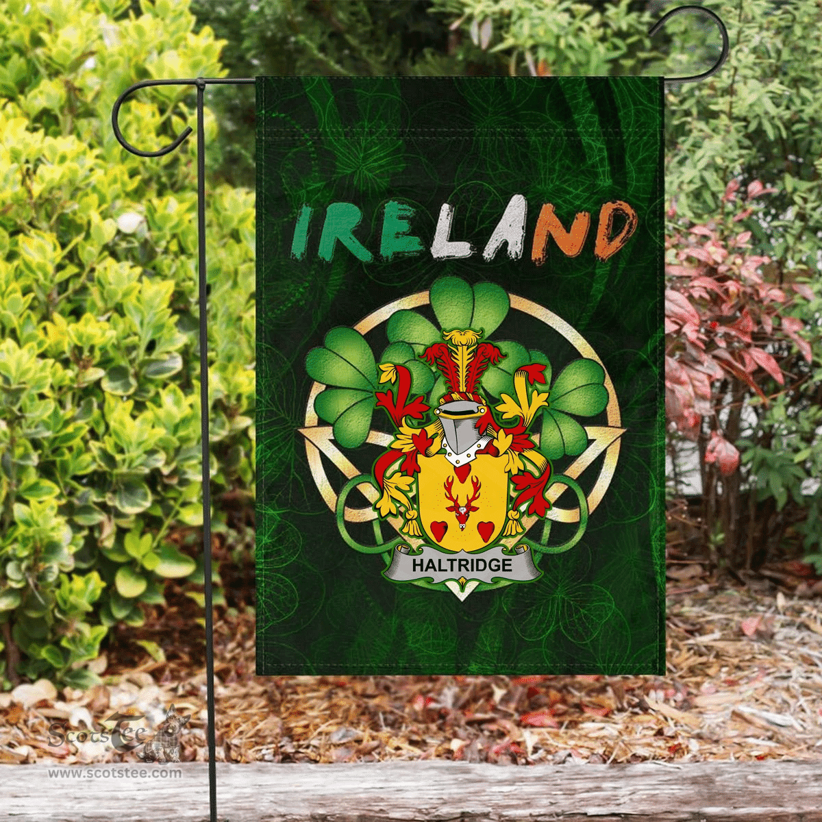 ScotsTee Shop Irish Haltridge Coat of Arms Irish Pride Garden Flag Irish Shamrock Flag