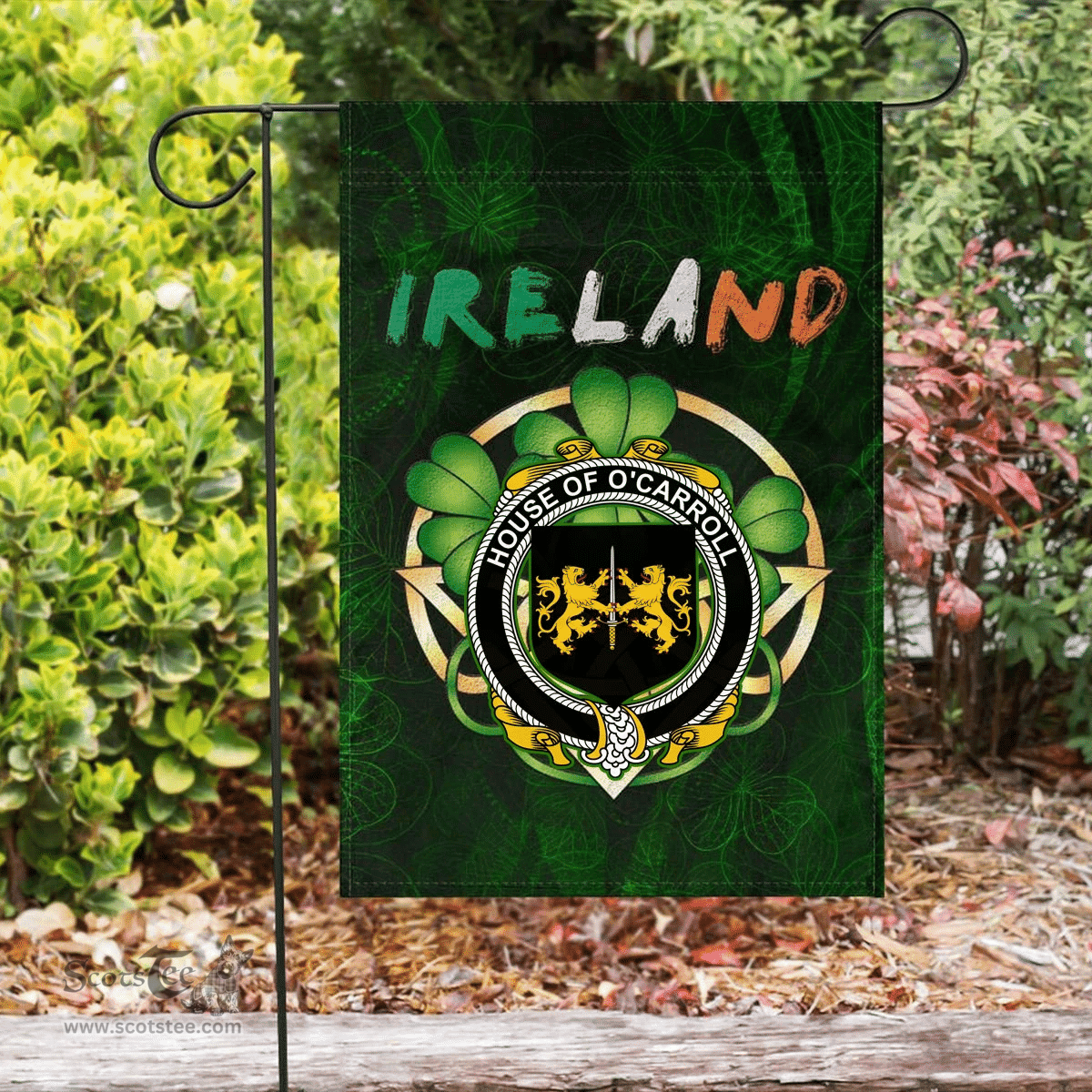 ScotsTee Shop Irish House of O'CARROLL Coat of Arms Irish Pride Garden Flag Irish Shamrock Flag