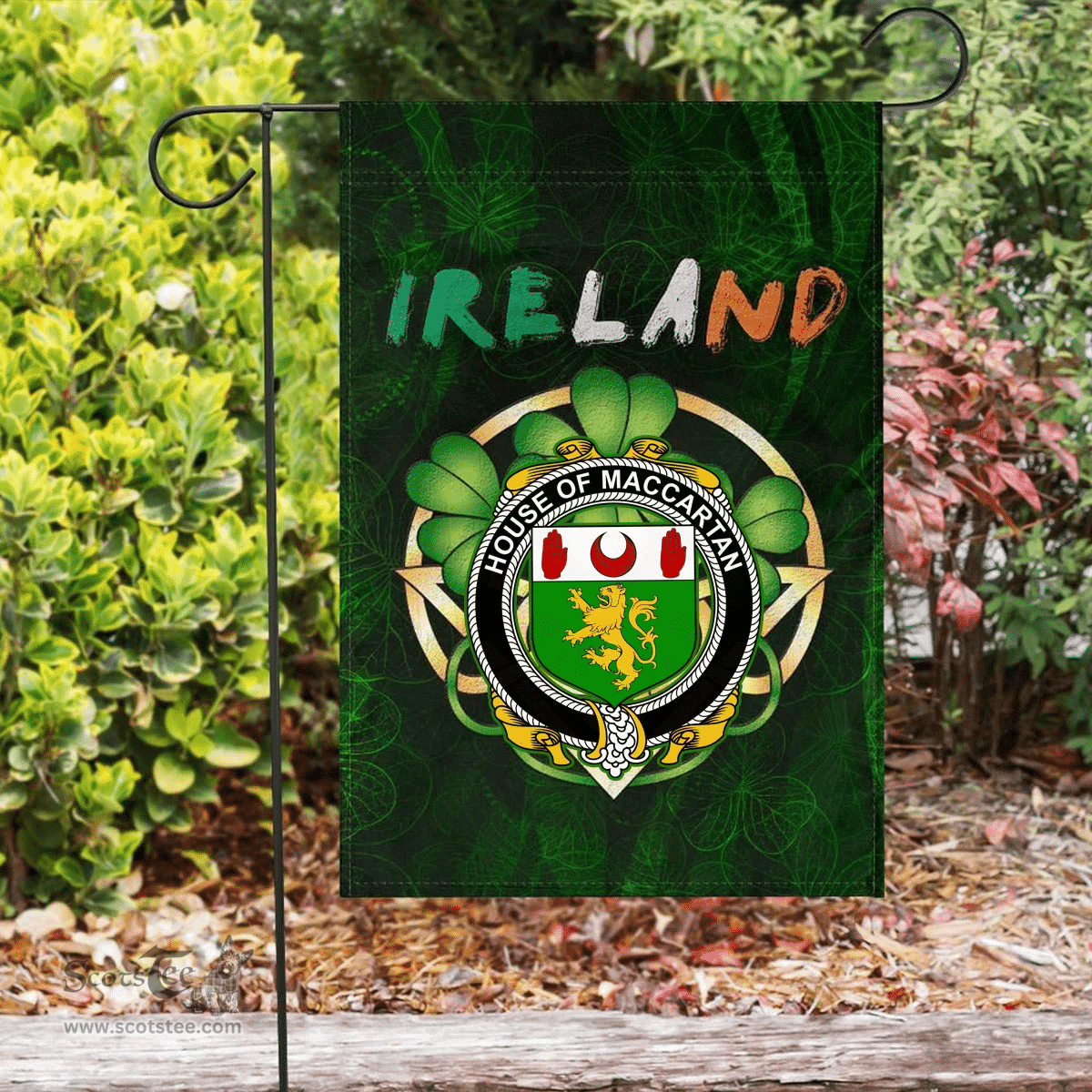 ScotsTee Shop Irish House of MACCARTAN Coat of Arms Irish Pride Garden Flag Irish Shamrock Flag