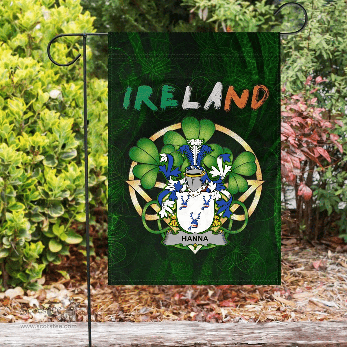 ScotsTee Shop Irish Hanna or O'Hanna Coat of Arms Irish Pride Garden Flag Irish Shamrock Flag