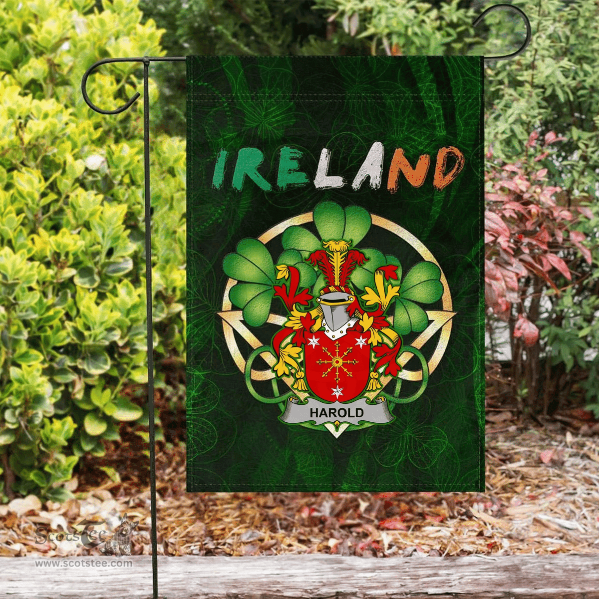 ScotsTee Shop Irish Harold or Harrell Coat of Arms Irish Pride Garden Flag Irish Shamrock Flag