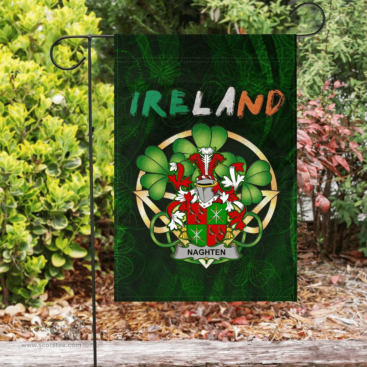 ScotsTee Shop Irish Naghten or O'Naghten Coat of Arms Irish Pride Garden Flag Irish Shamrock Flag