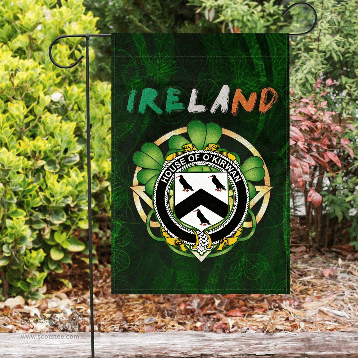 ScotsTee Shop Irish House of O'KIRWAN Coat of Arms Irish Pride Garden Flag Irish Shamrock Flag