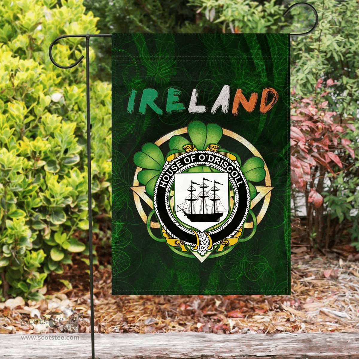 ScotsTee Shop Irish House of O'DRISCOLL Coat of Arms Irish Pride Garden Flag Irish Shamrock Flag