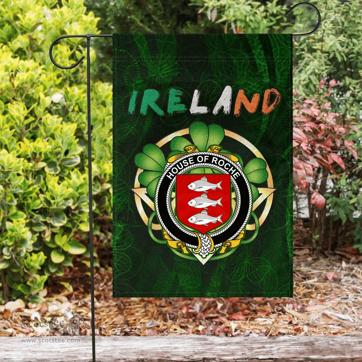 ScotsTee Shop Irish House of ROCHE Coat of Arms Irish Pride Garden Flag Irish Shamrock Flag