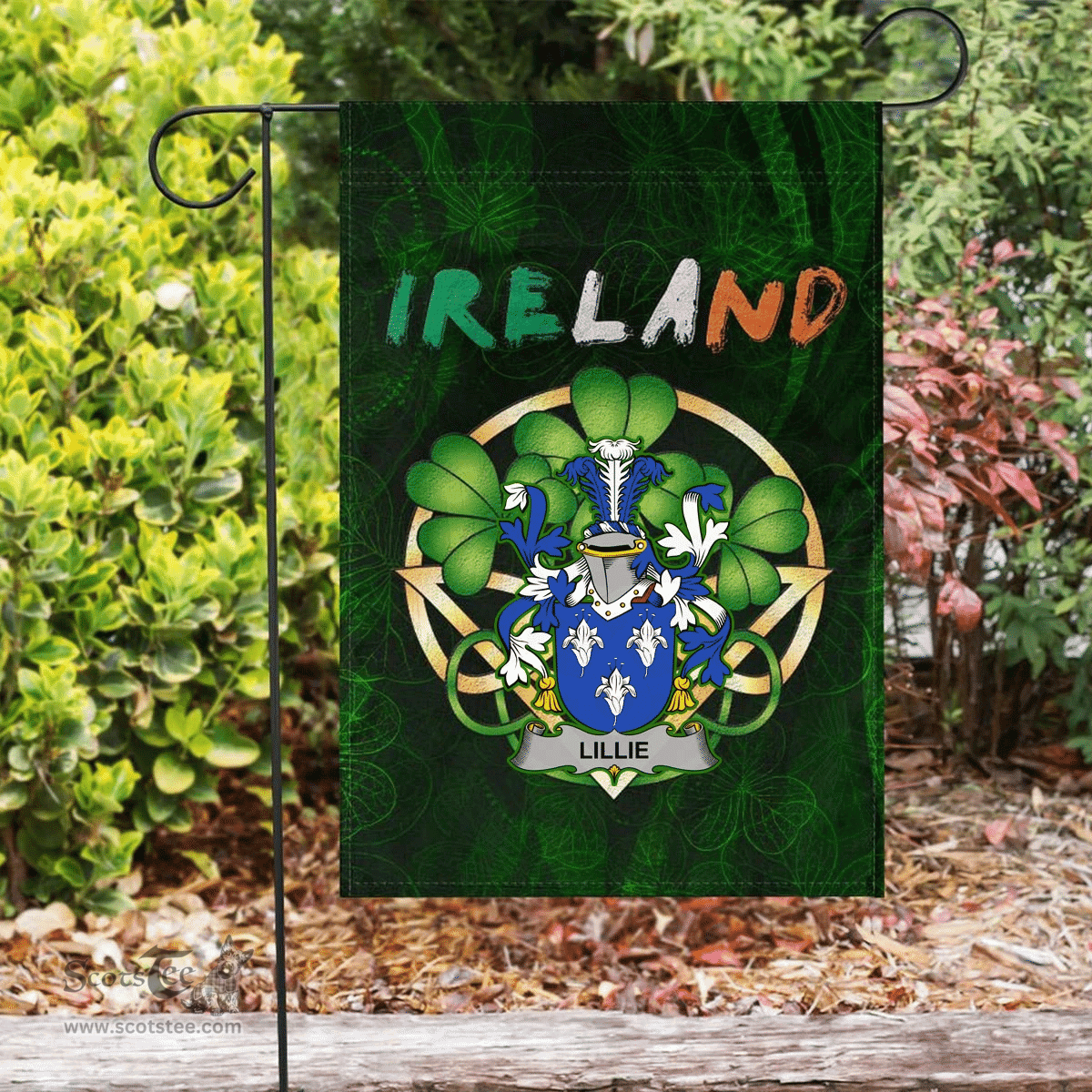 ScotsTee Shop Irish Lillie or MacLilly Coat of Arms Irish Pride Garden Flag Irish Shamrock Flag