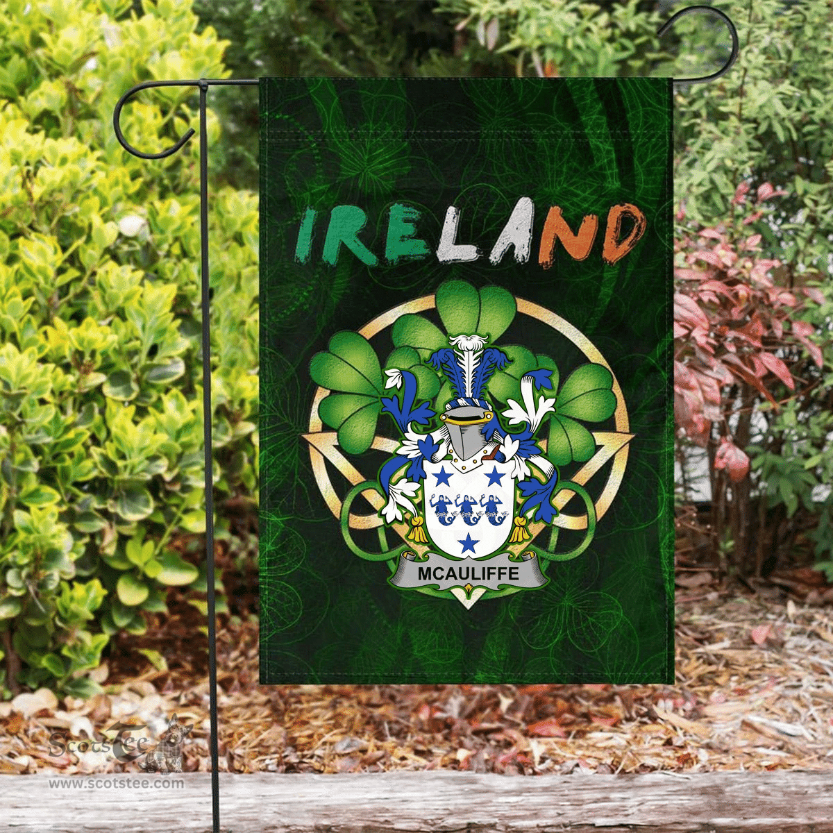 ScotsTee Shop Irish McAuliffe Coat of Arms Irish Pride Garden Flag Irish Shamrock Flag
