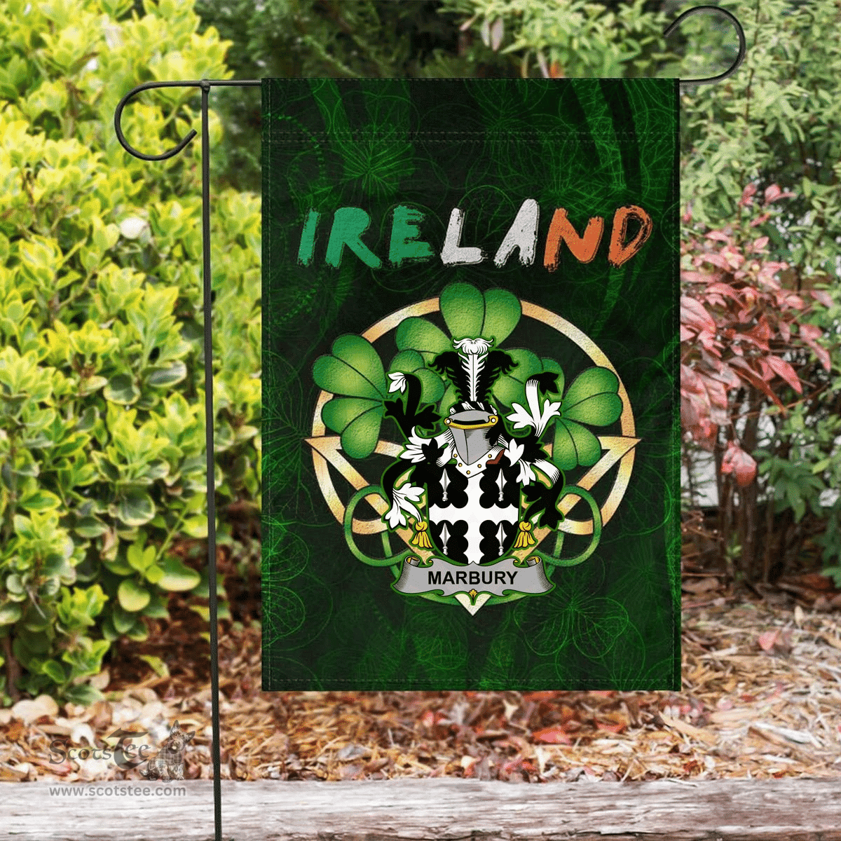ScotsTee Shop Irish Marbury Coat of Arms Irish Pride Garden Flag Irish Shamrock Flag