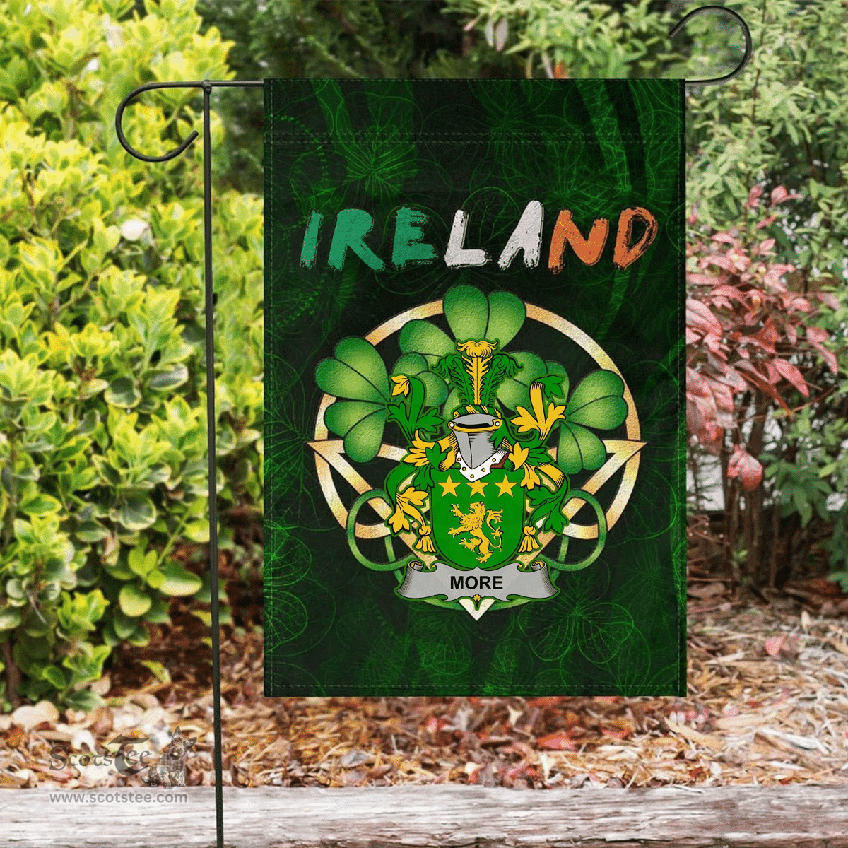 ScotsTee Shop Irish More or O'More Coat of Arms Irish Pride Garden Flag Irish Shamrock Flag