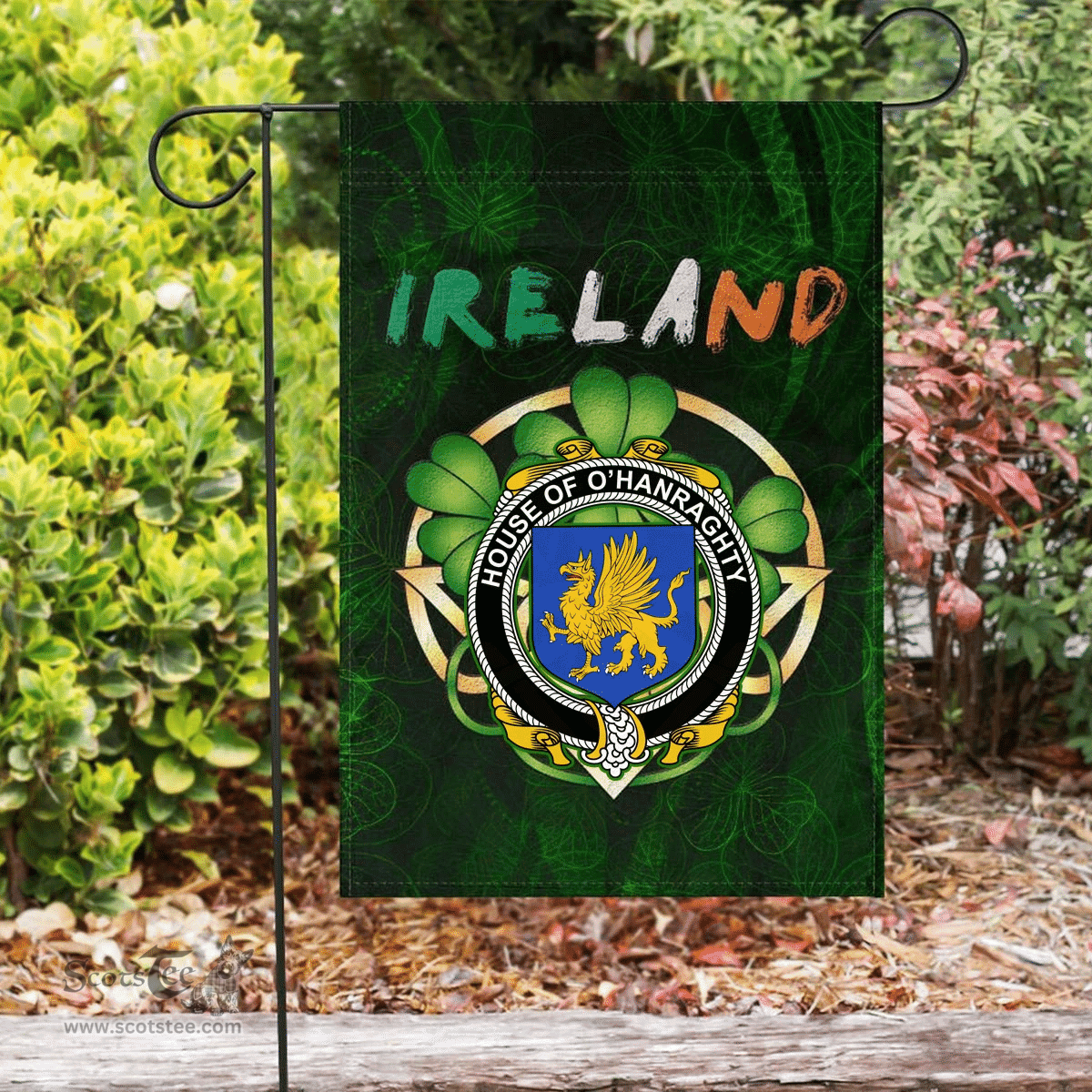 ScotsTee Shop Irish House of O'HANRAGHTY Coat of Arms Irish Pride Garden Flag Irish Shamrock Flag