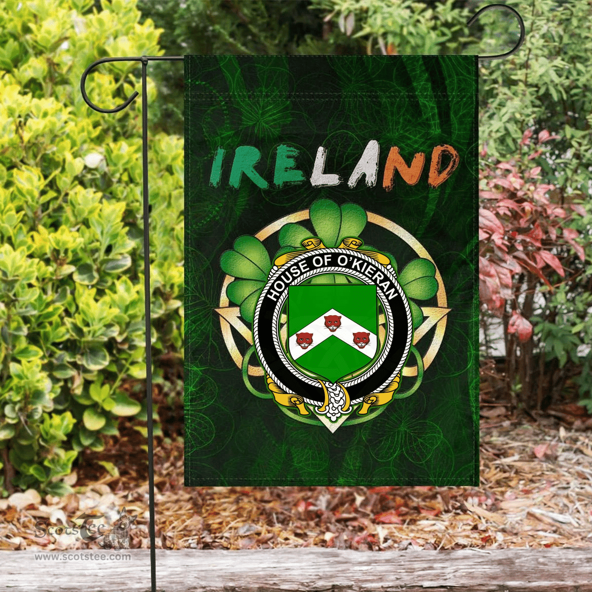 ScotsTee Shop Irish House of O'KIERAN Coat of Arms Irish Pride Garden Flag Irish Shamrock Flag