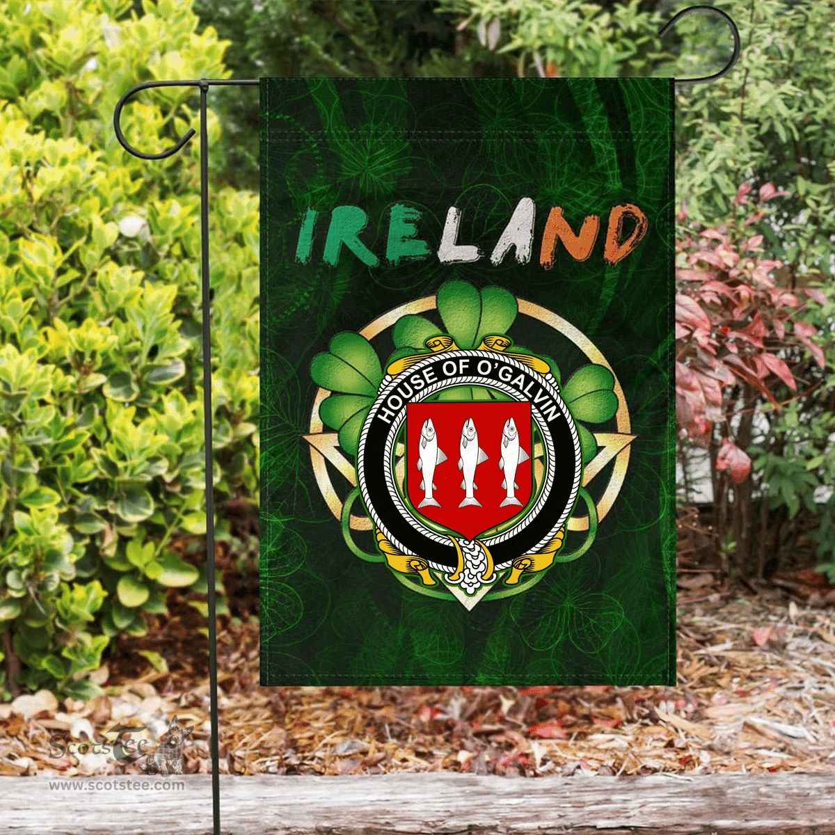 ScotsTee Shop Irish House of O'GALVIN Coat of Arms Irish Pride Garden Flag Irish Shamrock Flag