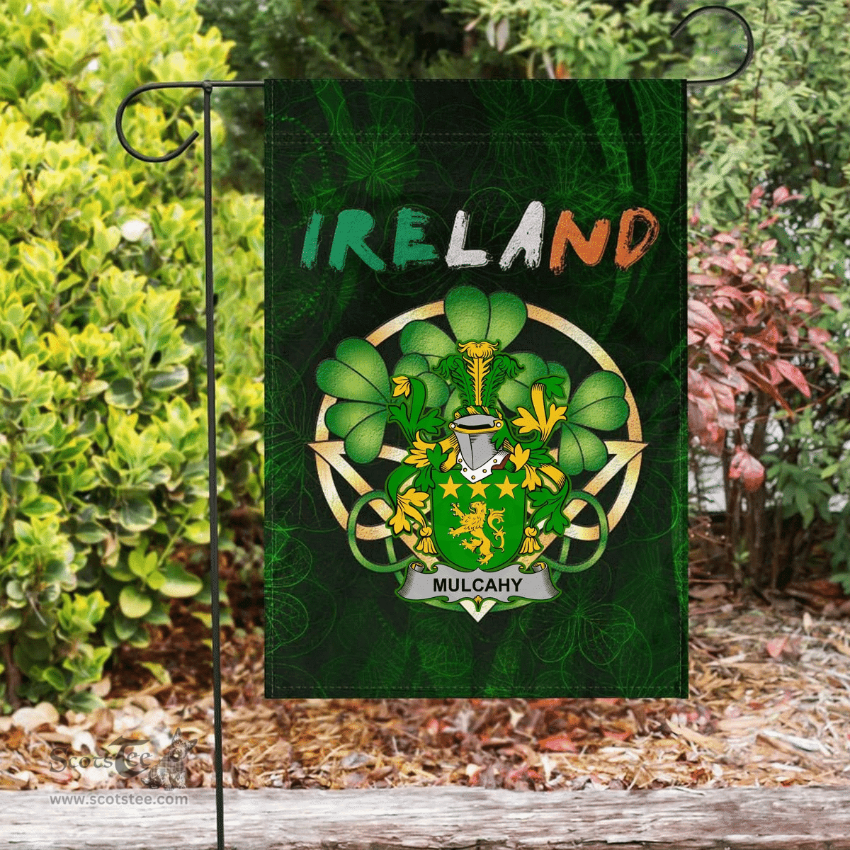 ScotsTee Shop Irish Mulcahy or O'Mulcahy Coat of Arms Irish Pride Garden Flag Irish Shamrock Flag