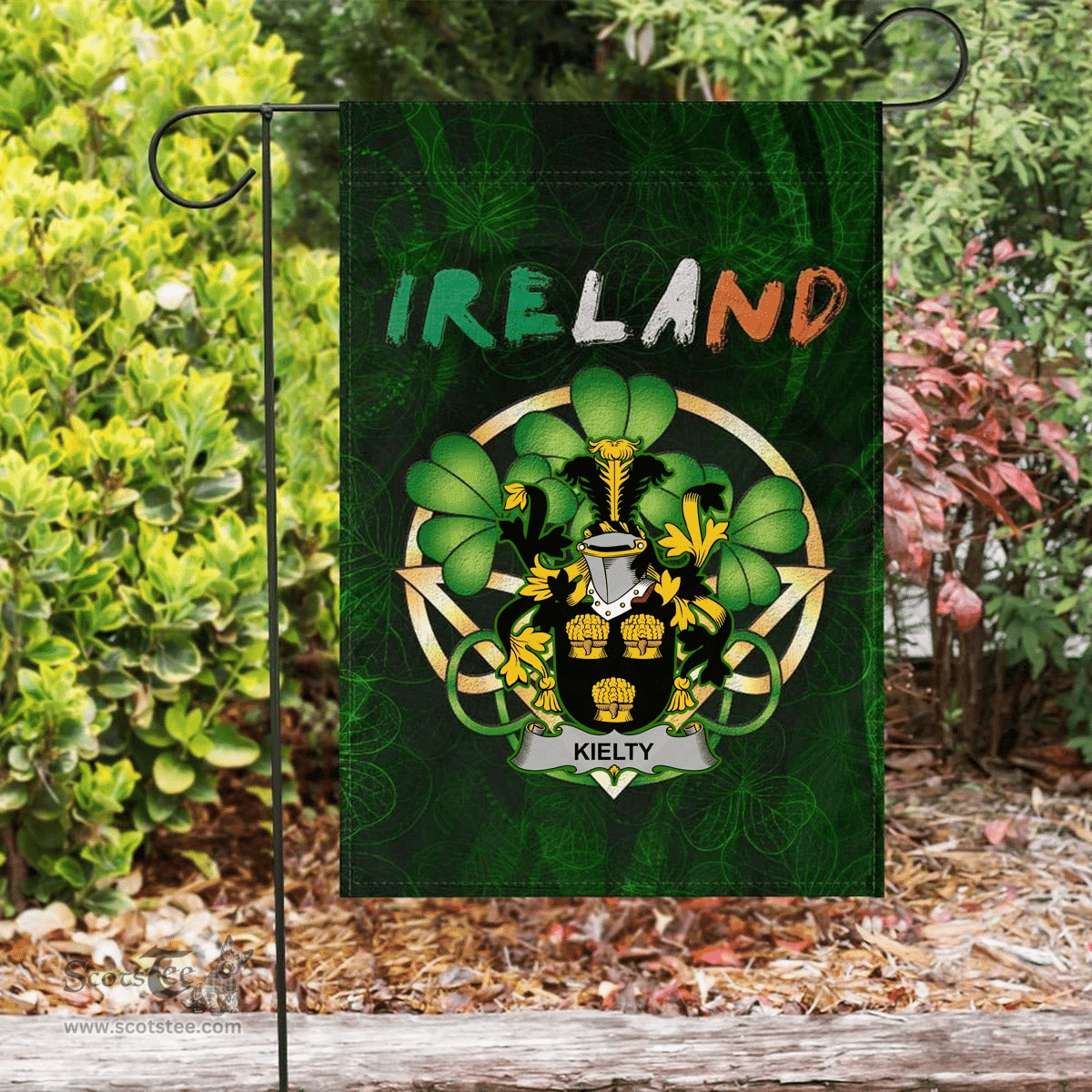 ScotsTee Shop Irish Kielty ot O'Quilty Coat of Arms Irish Pride Garden Flag Irish Shamrock Flag