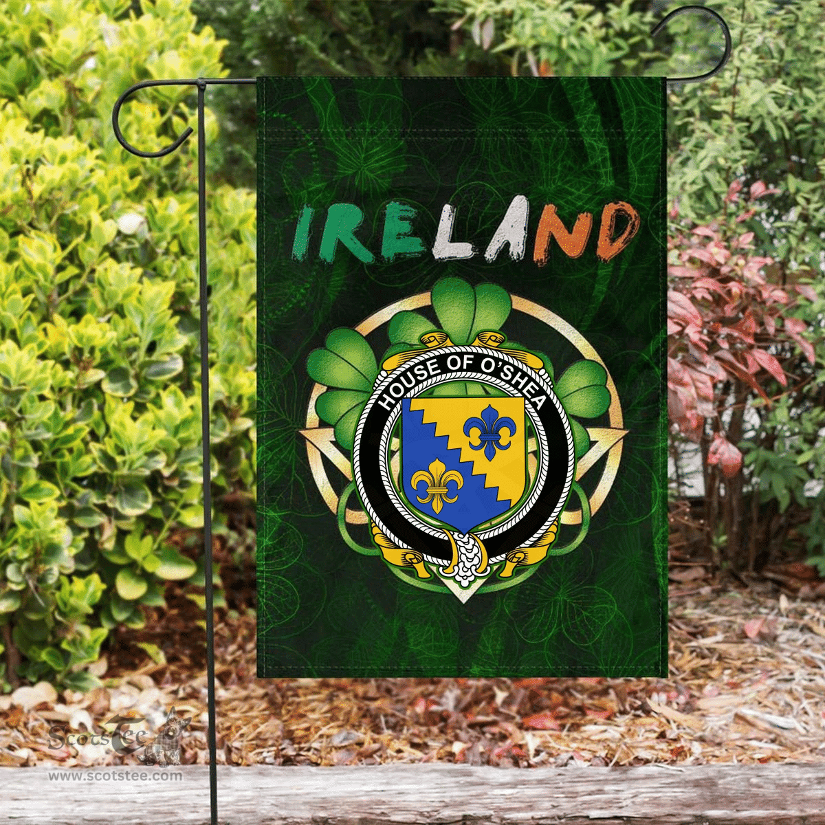 ScotsTee Shop Irish House of O'SHEA Coat of Arms Irish Pride Garden Flag Irish Shamrock Flag