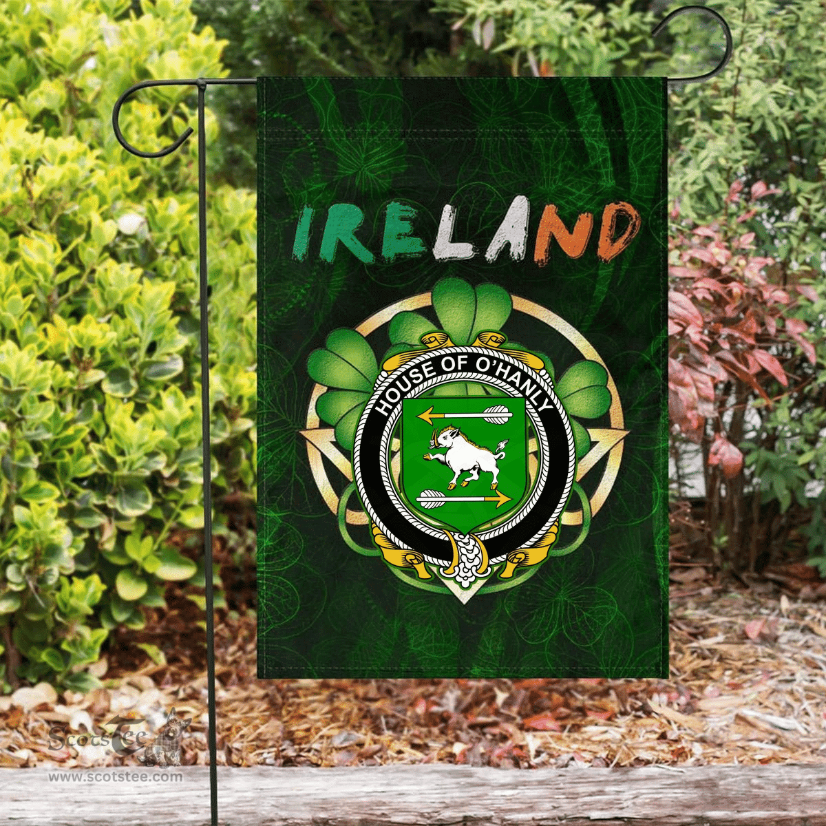 ScotsTee Shop Irish House of O'HANLY Coat of Arms Irish Pride Garden Flag Irish Shamrock Flag