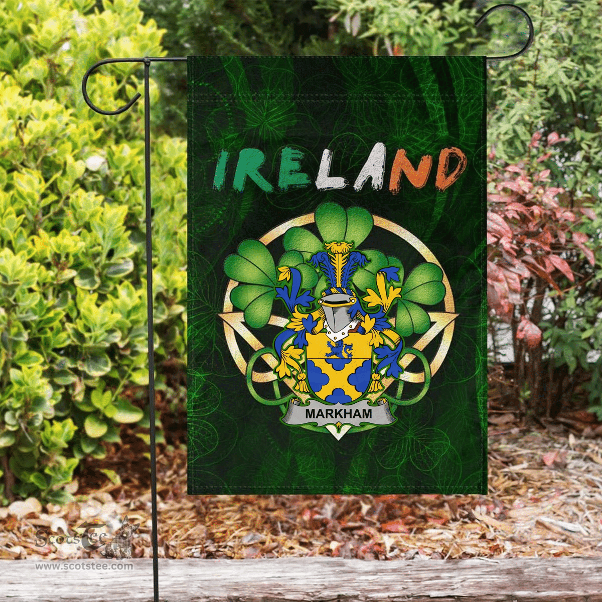 ScotsTee Shop Irish Markham Coat of Arms Irish Pride Garden Flag Irish Shamrock Flag