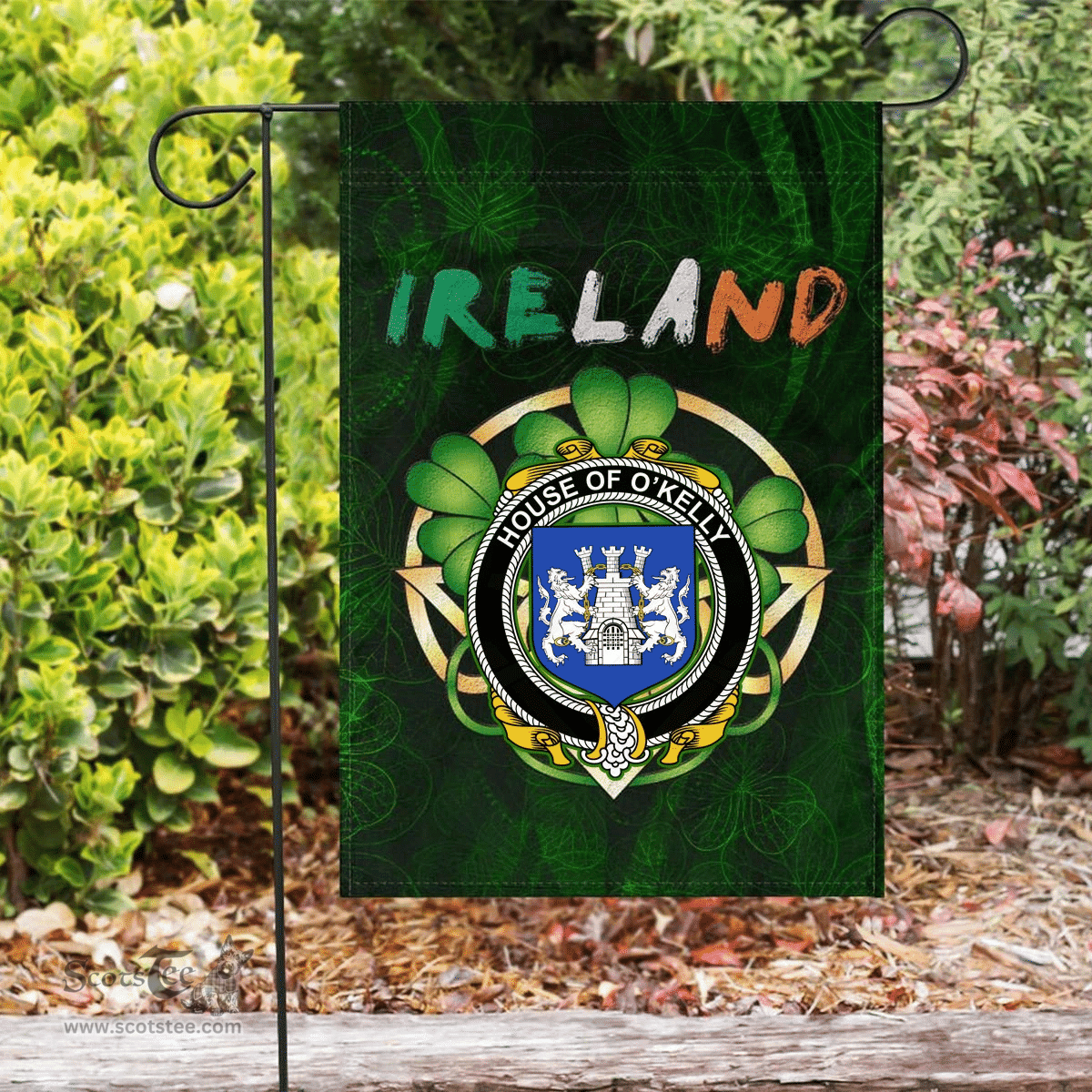 ScotsTee Shop Irish House of O'KELLY Coat of Arms Irish Pride Garden Flag Irish Shamrock Flag