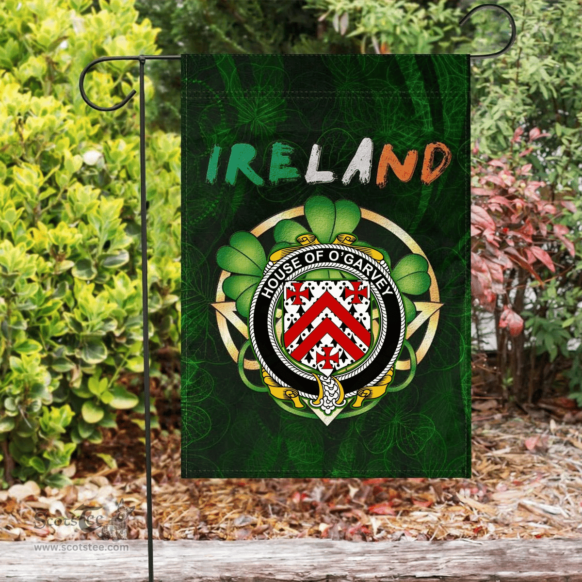 ScotsTee Shop Irish House of O'GARVEY Coat of Arms Irish Pride Garden Flag Irish Shamrock Flag
