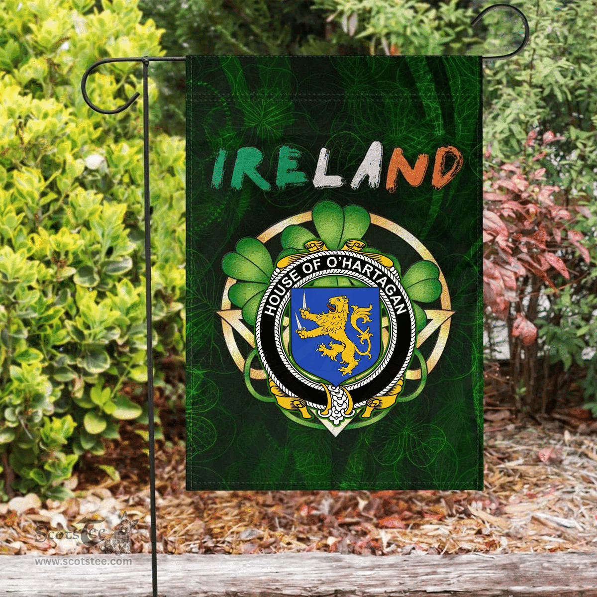 ScotsTee Shop Irish House of O'HARTAGAN Coat of Arms Irish Pride Garden Flag Irish Shamrock Flag
