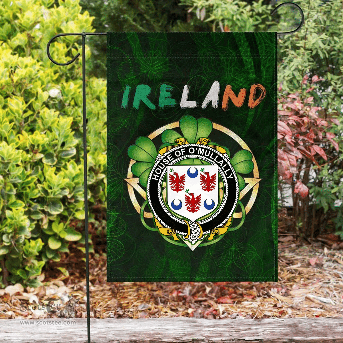 ScotsTee Shop Irish House of O'MULLALLY Coat of Arms Irish Pride Garden Flag Irish Shamrock Flag