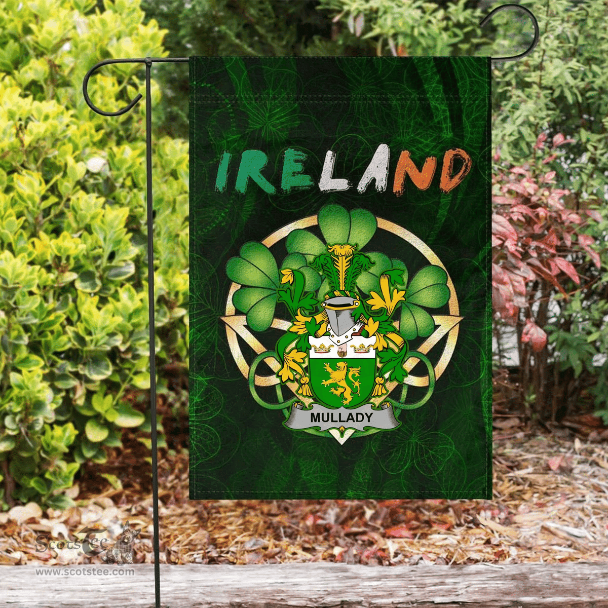 ScotsTee Shop Irish Mullady or O'Mullady Coat of Arms Irish Pride Garden Flag Irish Shamrock Flag