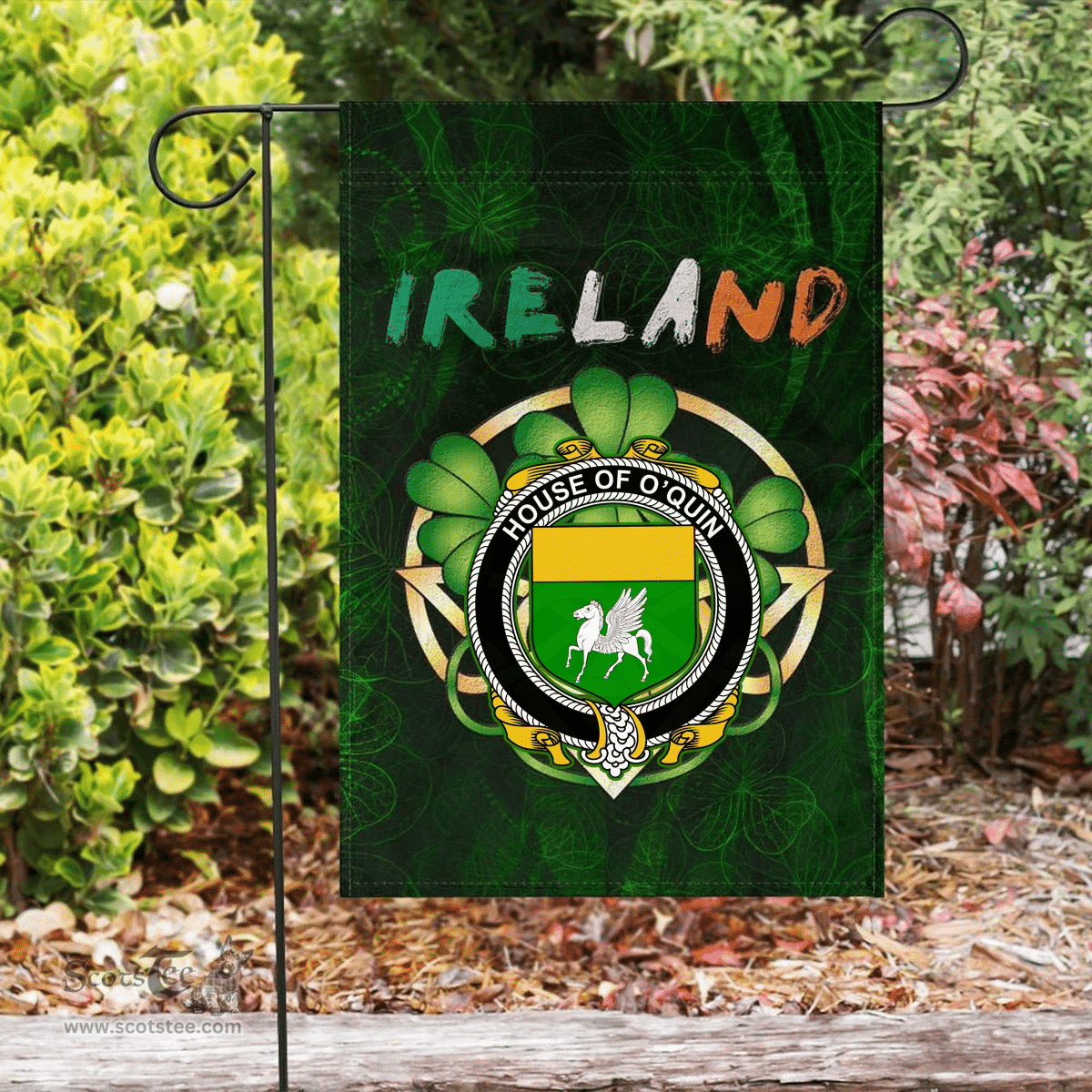ScotsTee Shop Irish House of O'QUIN (Annaly) Coat of Arms Irish Pride Garden Flag Irish Shamrock Flag