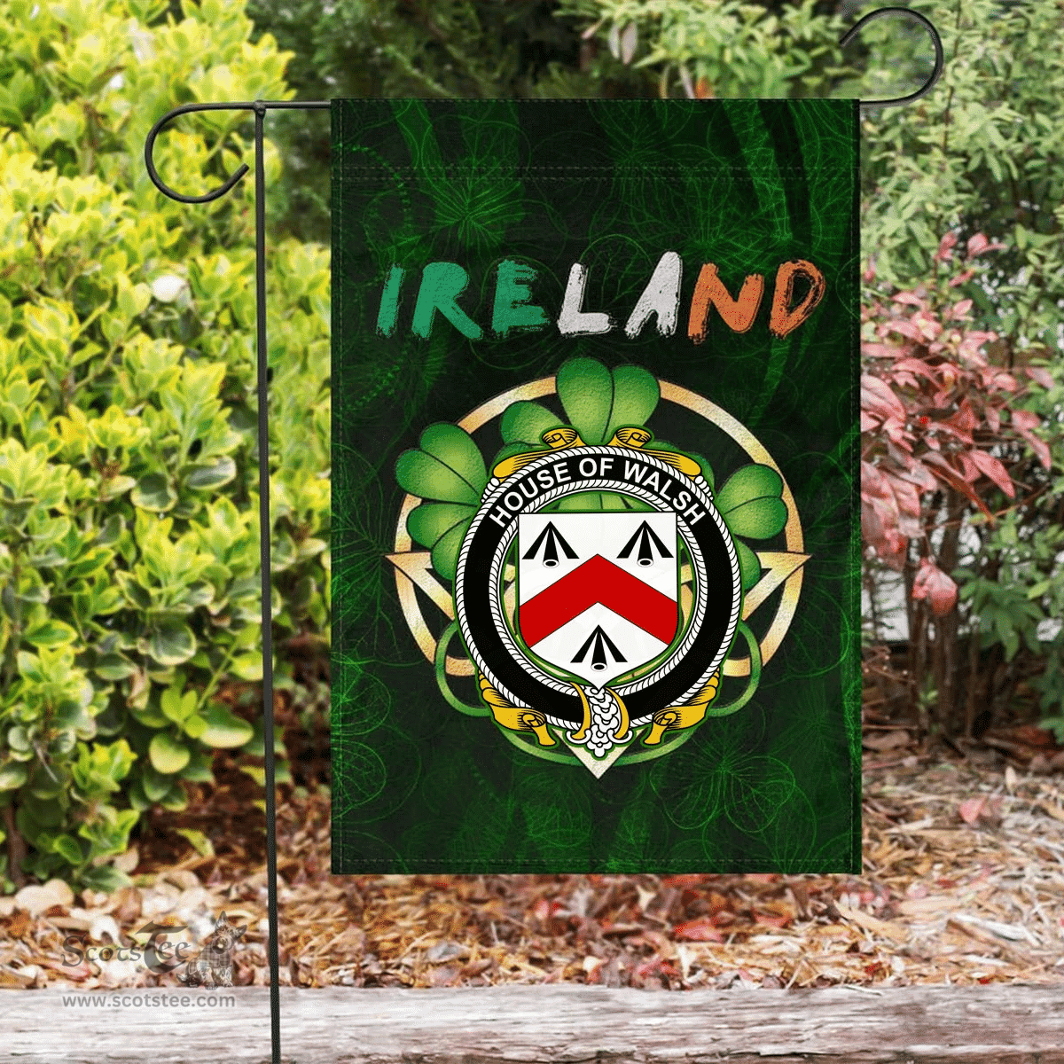 ScotsTee Shop Irish House of WALSH Coat of Arms Irish Pride Garden Flag Irish Shamrock Flag