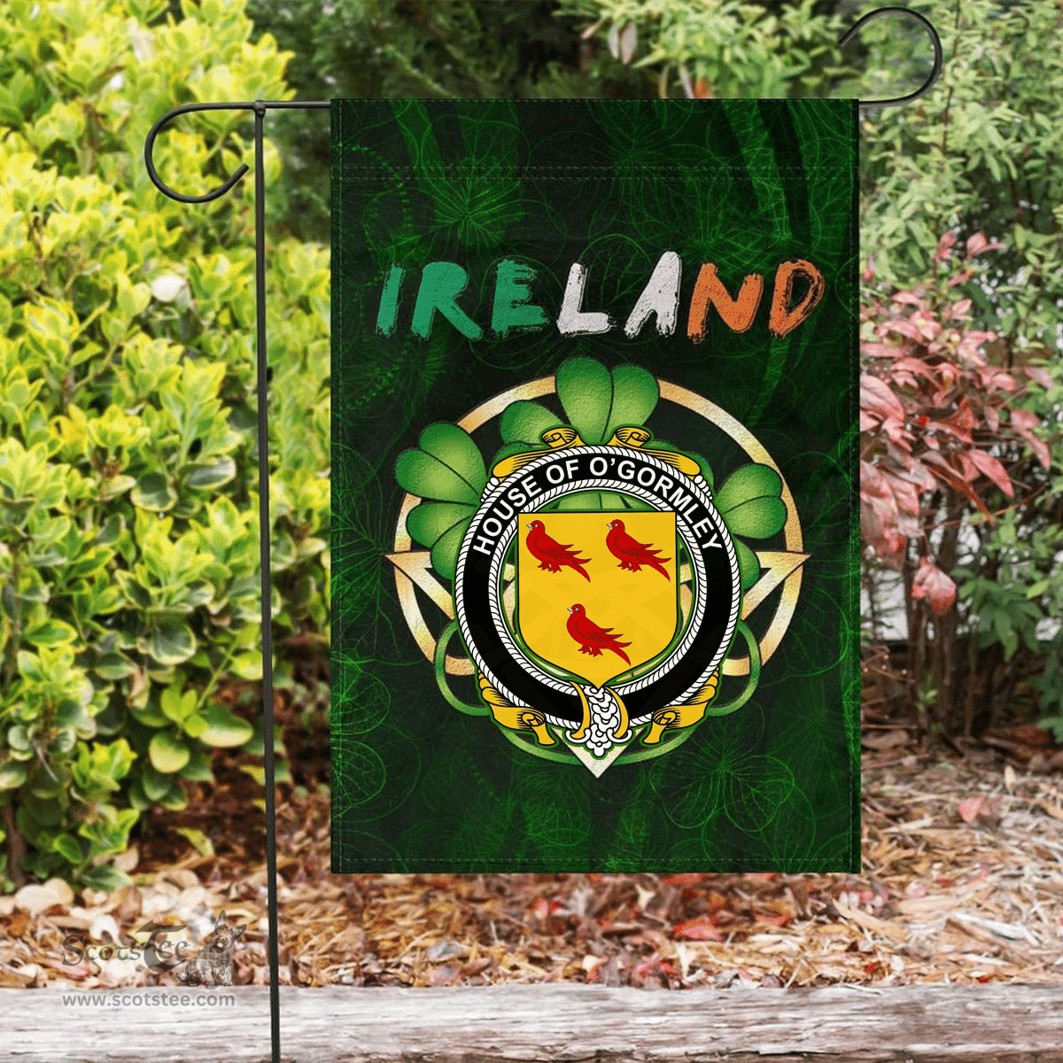 ScotsTee Shop Irish House of O'GORMLEY Coat of Arms Irish Pride Garden Flag Irish Shamrock Flag