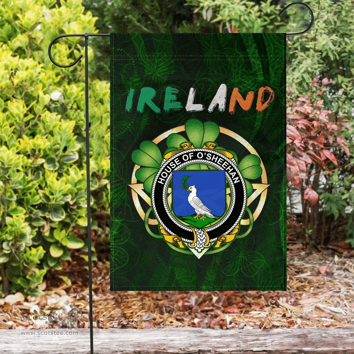 ScotsTee Shop Irish House of O'SHEEHAN Coat of Arms Irish Pride Garden Flag Irish Shamrock Flag
