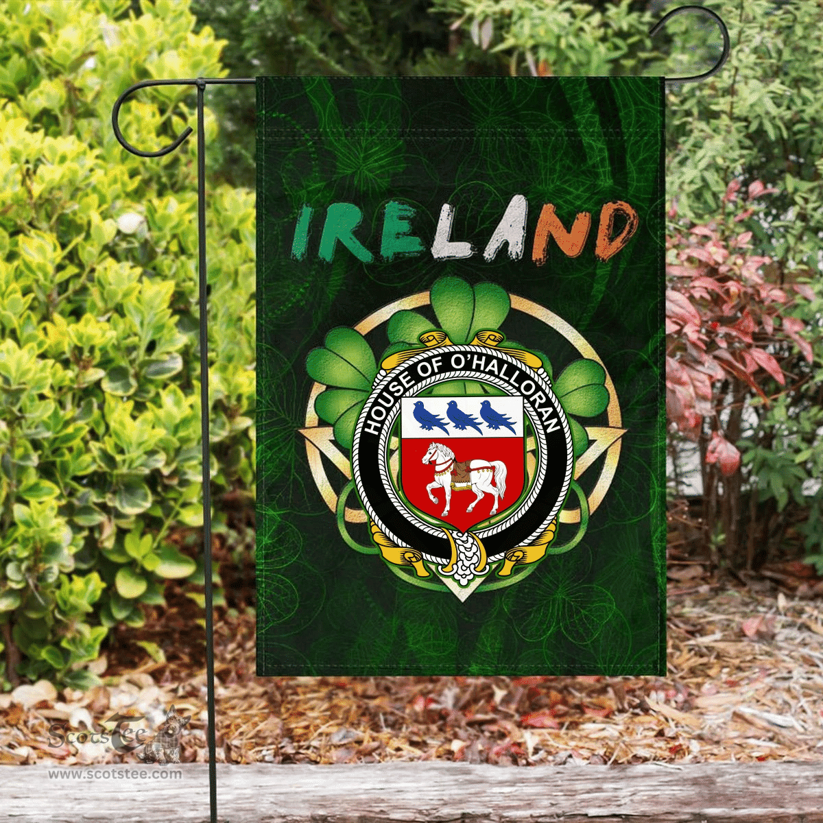 ScotsTee Shop Irish House of O'HALLORAN Coat of Arms Irish Pride Garden Flag Irish Shamrock Flag