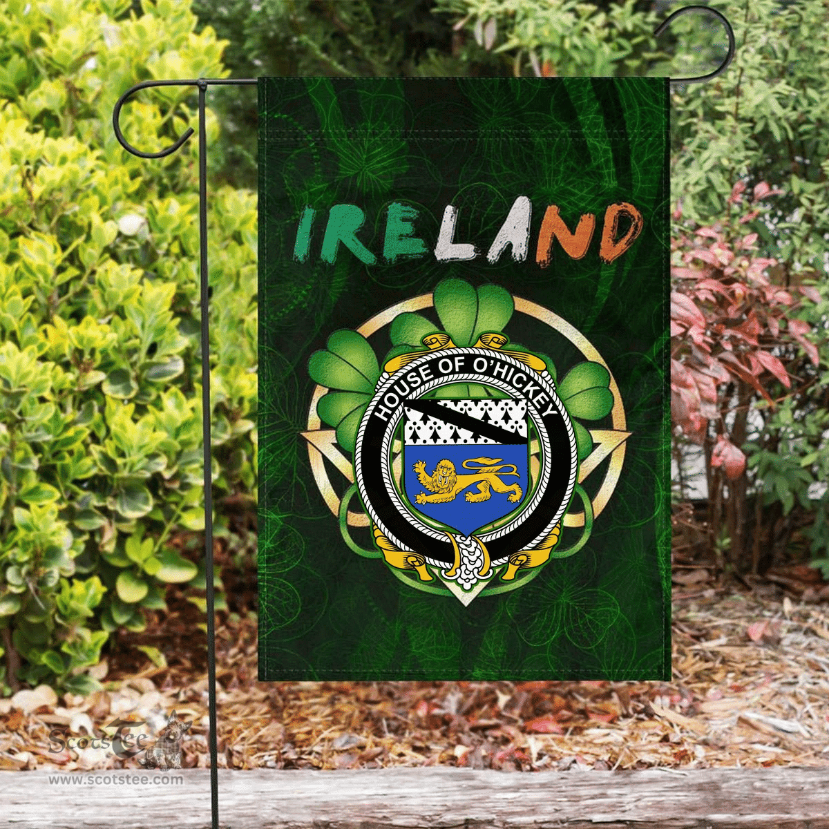 ScotsTee Shop Irish House of O'HICKEY Coat of Arms Irish Pride Garden Flag Irish Shamrock Flag